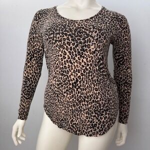 Studio Leopard Print Long Sleeve Top Scoop Neck Animal Print Brown Tan Large